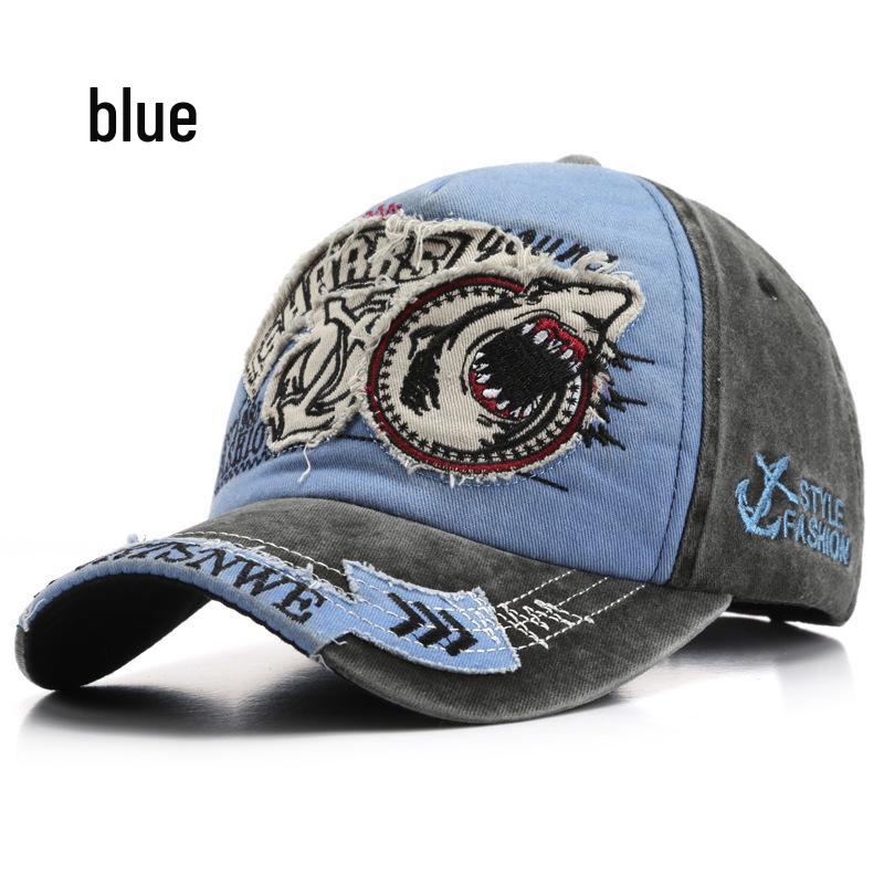 Трендовая кепка-утка из выбеленного денима с акулой - Унисекс вышитая бейсболка с козырьком от солнца Adjustable