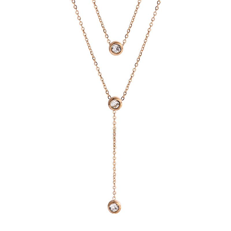 Minimalist Women's Double-Layered Stainless Steel Link Chain Necklace with Zircon Tassel Trendy Fashion Ins Collarbone Style
