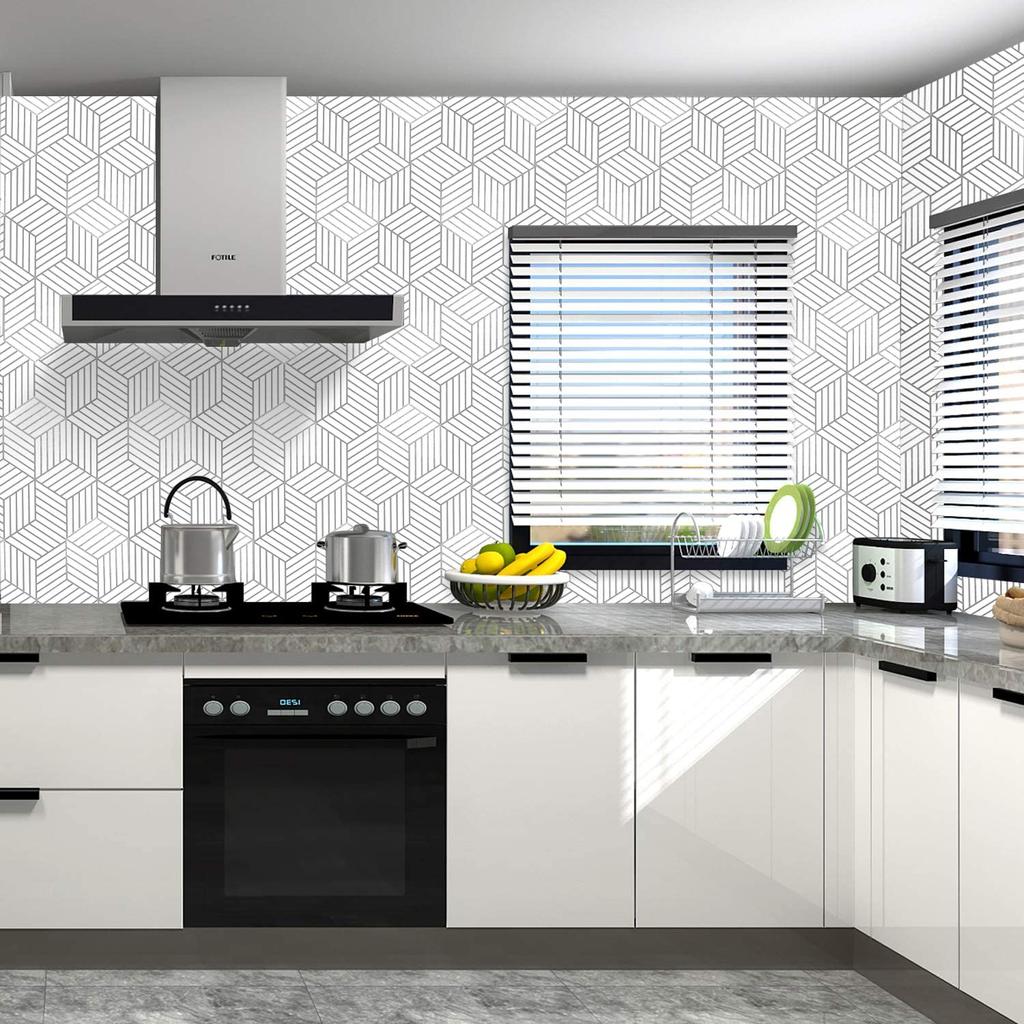 HaoHome Geometric Hexagon Silver Peel and Stick Wallpaper Removable Self Adhesive Wallpaper Vinyl Film Shelf Paper & Drawer Line