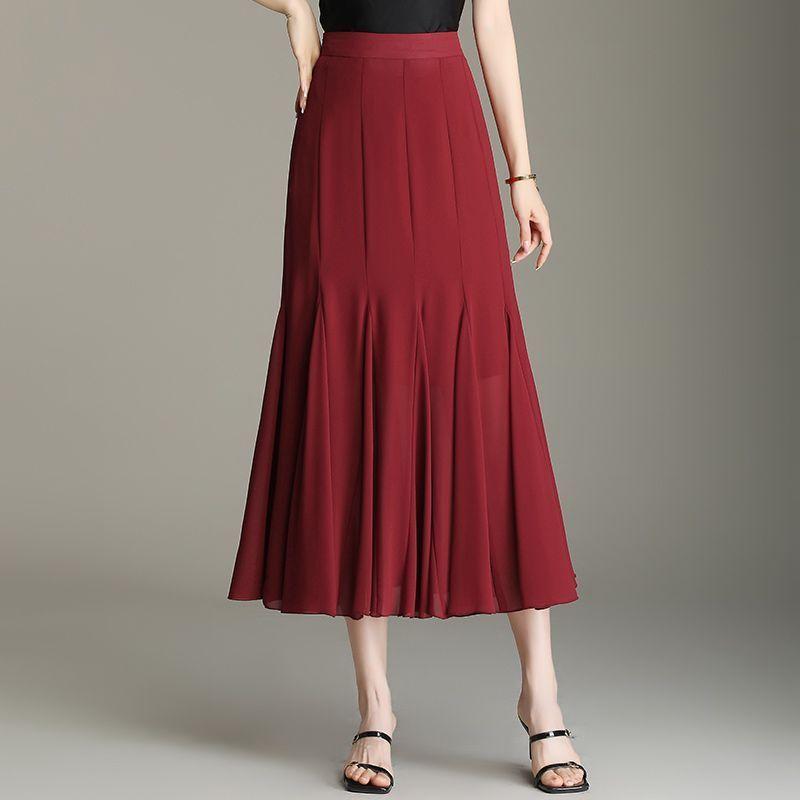 Fustă de vară din șifon până la jumătatea corpului Alb pentru femei Mărime medie spre lungă Talie înaltă Culoare solidă mare Fustă A-line Croială slim Fustă mare