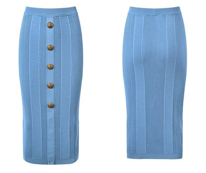 2025 Spring/Summer Socialite Knit Set: Round Neck Top & Metal Buckle Midi Skirt