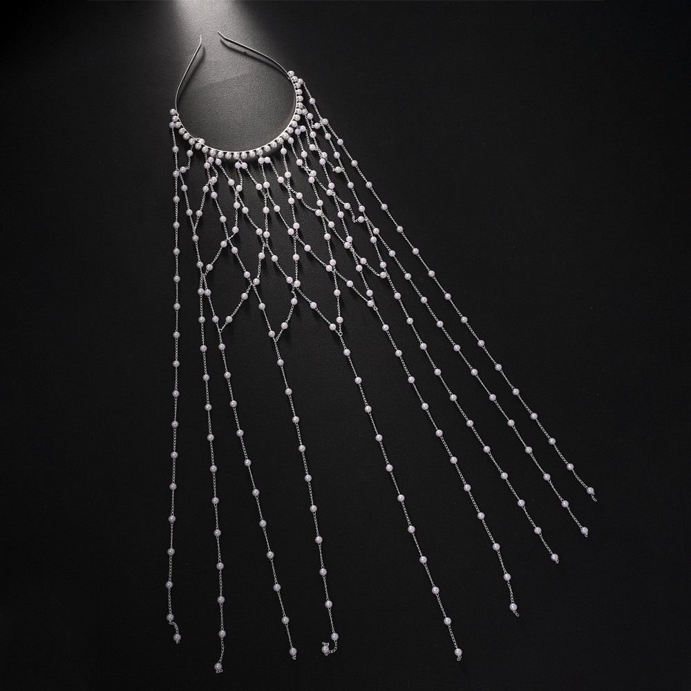 Long Tassel Bridal Hair Chain Imitation Pearl Tassel Headband  Special Occasions