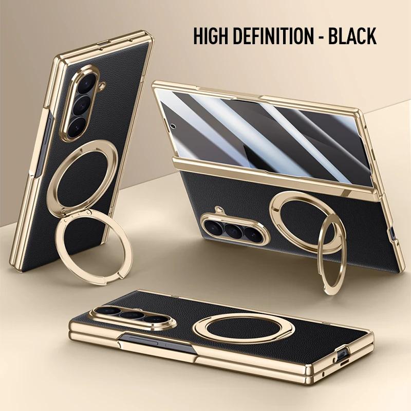 For Samsung Galaxy Z Fold 7 Leather 360° Swivel Bracket Magnetic Tempered Glass Front Membrane Anti-Drop Fingerprint Phone Case