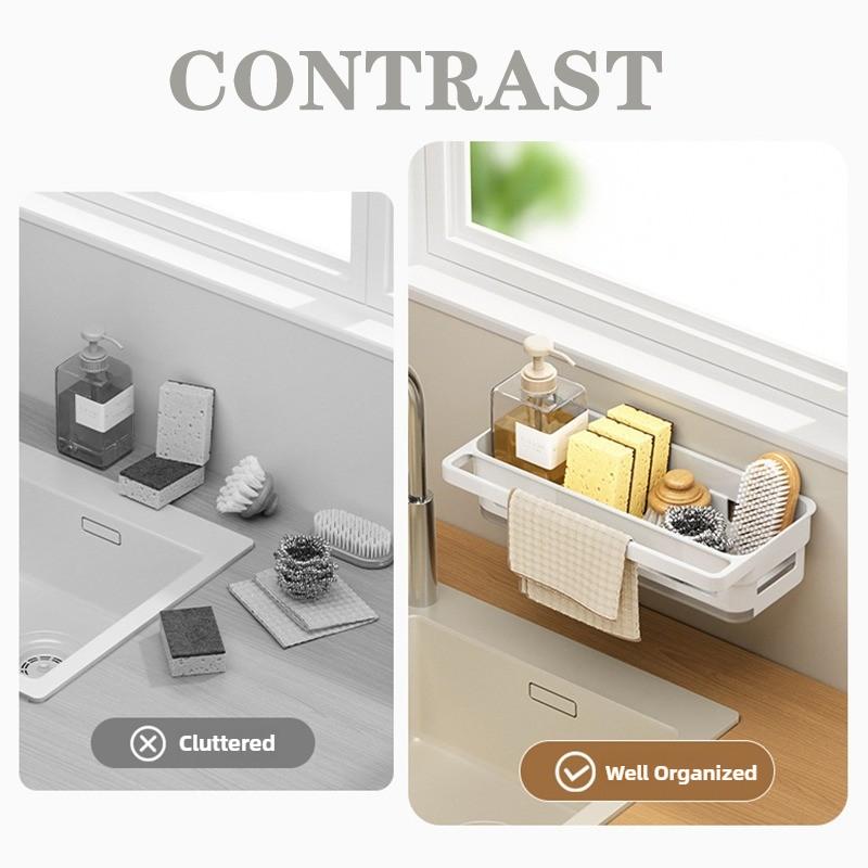 Schwammhalter für Küchenspüle Wandmontage Spülbecken-Caddy mit Ablauf und Abtropfschale Kunststoff-Organizer für Arbeitsplatte Weiß