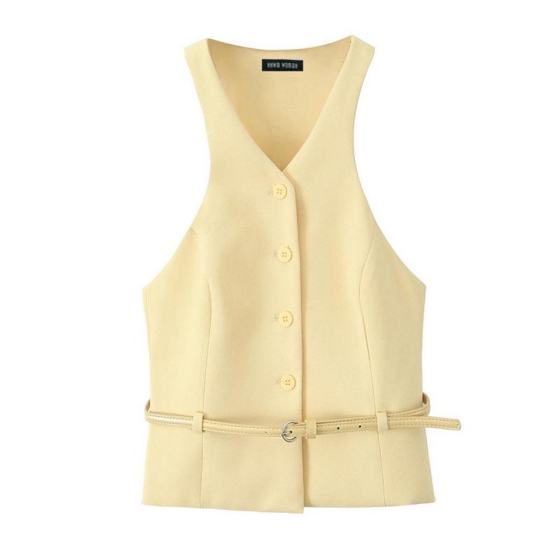 

Трендовый европейский и американский женский французский модный жилет с поясом Small светло-желтого