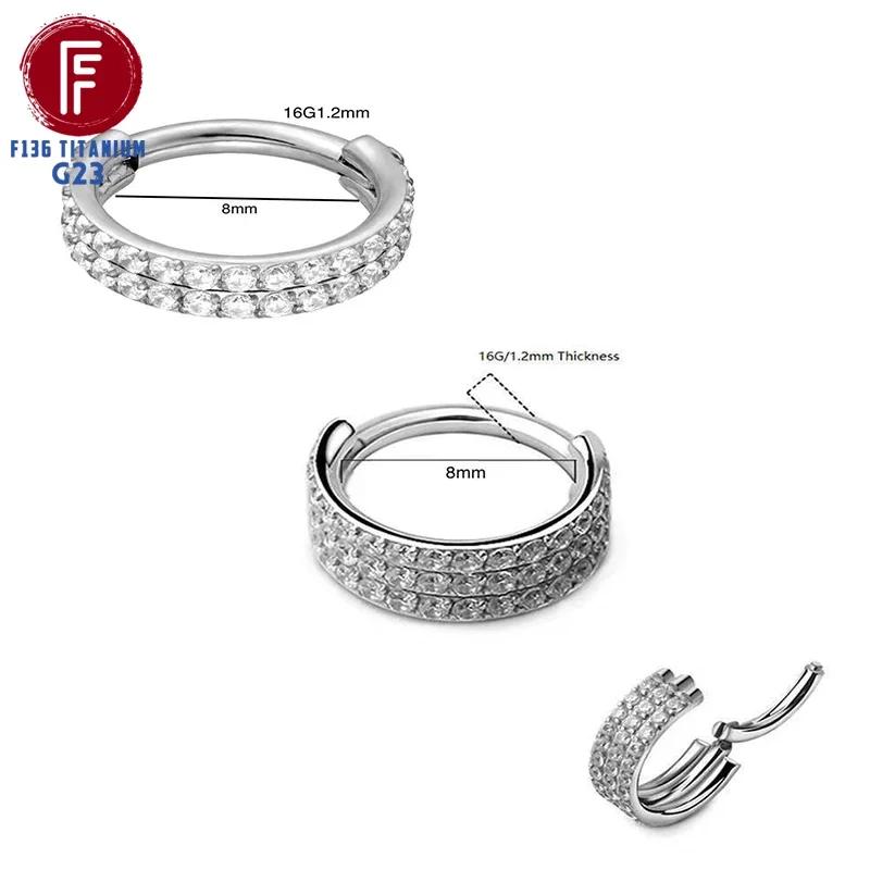 G23 Titanium Daith Cartilage Earrings 16G Helix Nose Septum Piercing Conch Hinged Clicker Body Jewelry Ear Ring Zircon