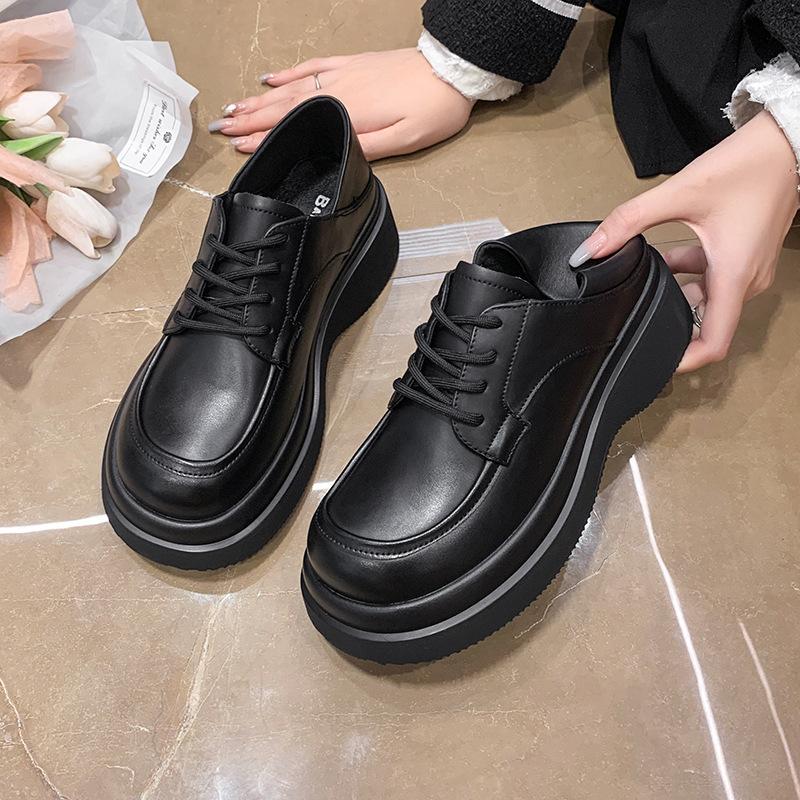 

White small leather shoes women s 2025 spring and summer British college style lace-up platform shoes round head Japanese jk uniform shoes 40 чёрный