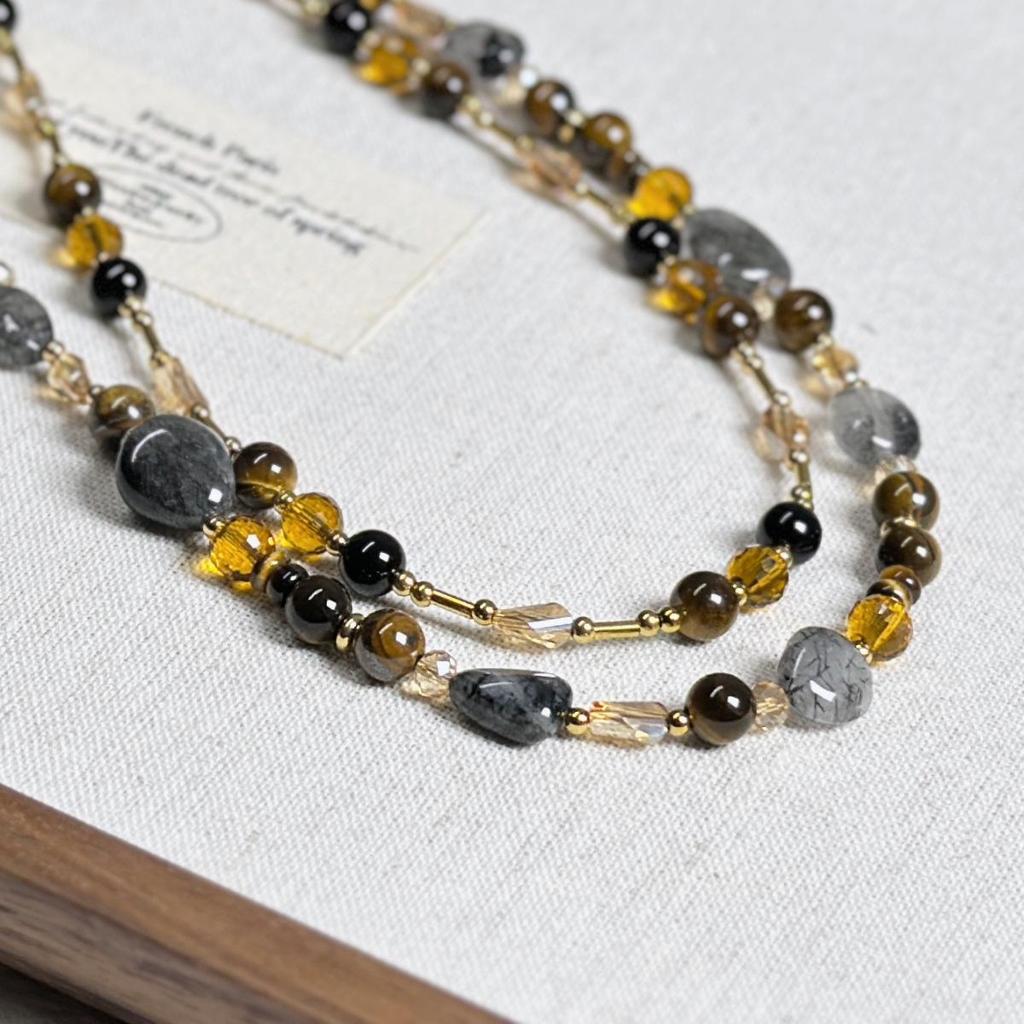 Maillard-Style Tiger Eye & Black Tourmaline Irregular Beaded Necklace for Women
