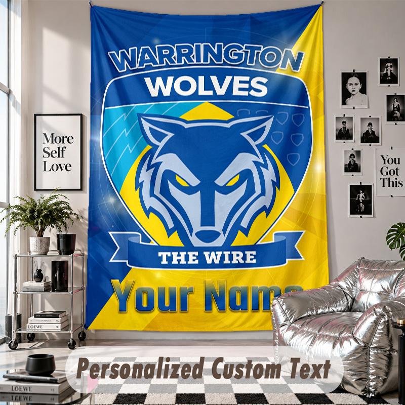 Wall Hanging Tapestry With Custom Name & Text, Warrington Wolves FC Decorative Tapestry For Bedroom