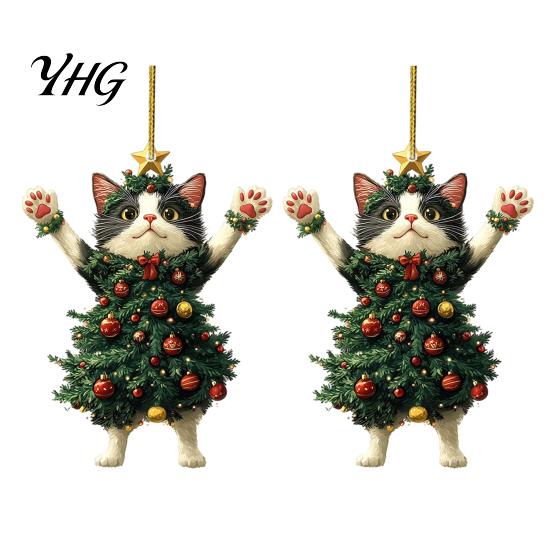 Cute Animal Tree Decor 2Pcs Christmas Cat Acrylic Ornament, 2D Flat Kitty Hanging Pendant with Indoor Holiday Ornaments Santa Hat Decor, Car Rearview