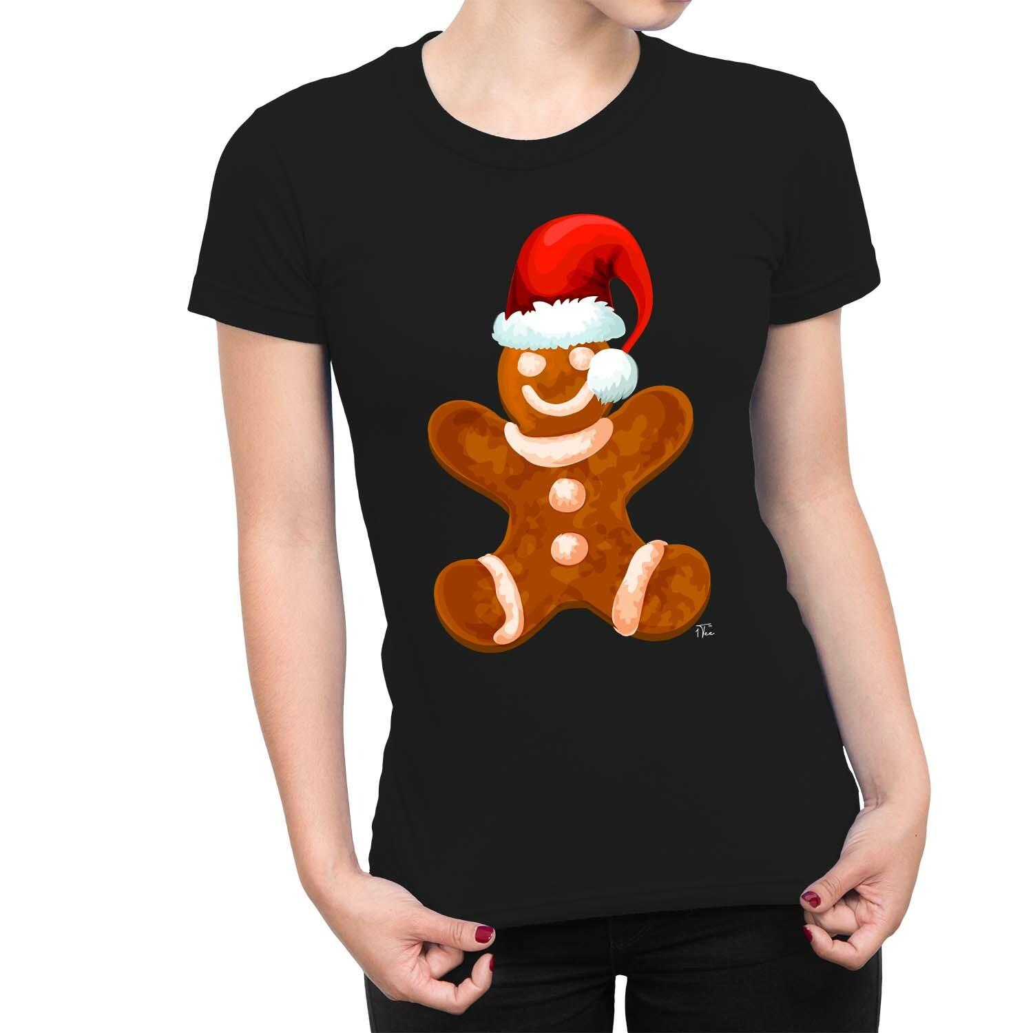 1Tee Womens Gingerbread Man With Santa Hat Christmas T-Shirt L
