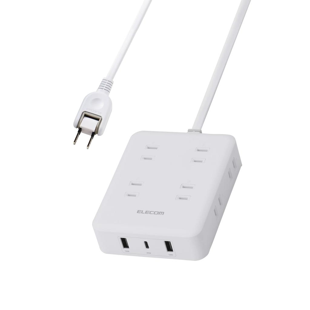 Elecom Skjøteledning med PD 1 x 2 x 8 AC Lyn Støvbeskyttelse USB, 20W, Kompatibel, Type-C 1, USB-A 2, Stikkontakter, 1,5m, Beskyttelse, Lukker, Hvit,