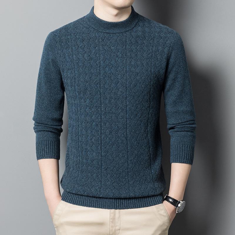 Autumn and Winter Men's Pure Wool Warm Casual Sweater Middle-aged Semi-turtleneck Jacquard Knitted Wool Sweater