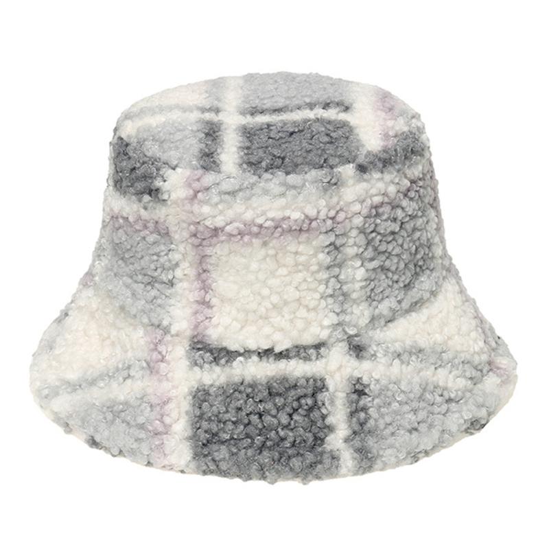 Color Patch Lattice Plush Basin Hat Small for Fresh Grid Fisherman Hat Plush Outdoor Trend Casual Autumn Winter All-matc