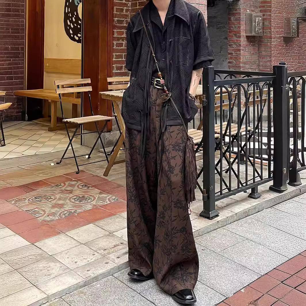 

Мужские ретро брюки кэжуал с широкими штанинами и цветочным принтом в стиле инк M коричневый