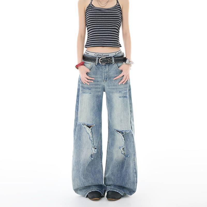 JYL Men s Straight Jeans American Niche Graffiti Dark Blue Vintage Loose Denim L