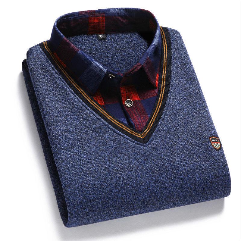 Men's Fleece-Lined Two-Piece Shirt Collar Sweater for Middle-Aged & Elderly