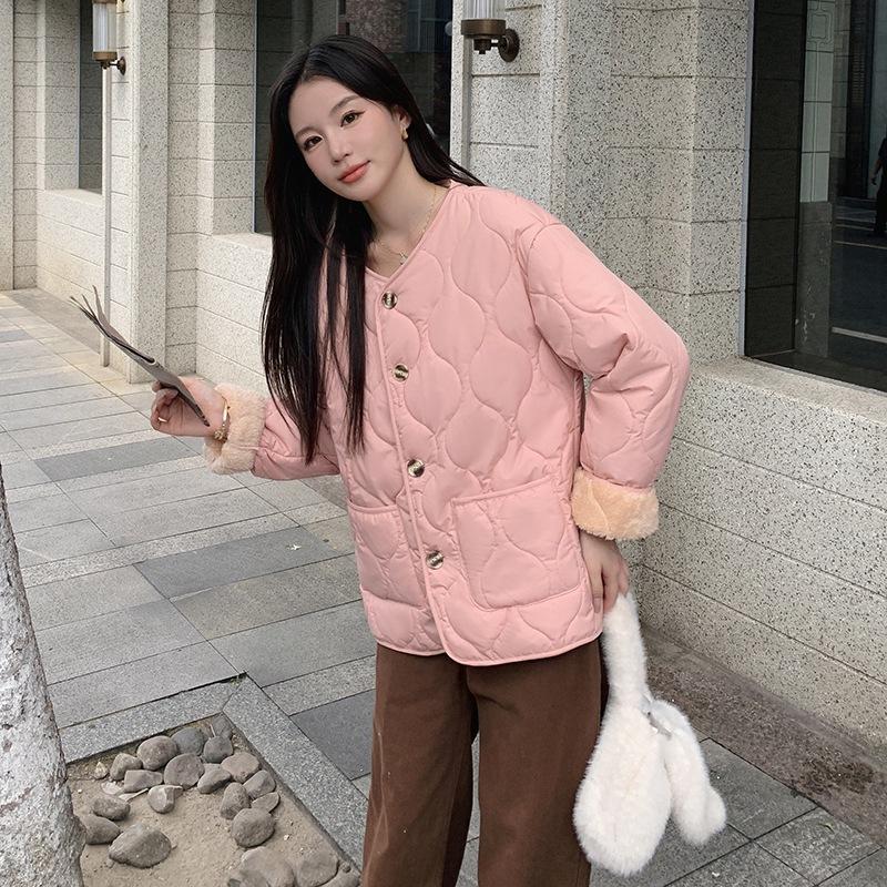 Sheep Wool Cotton Coat for Women, Autumn and Winter New Korean Style Thickened Round Neck Sheep Wool Jacket Cotton Padded Coat