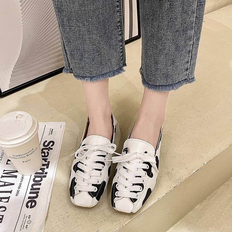 ZANPACE Pantofi sport cu platformă și vârf pătrat, pantofi sport pentru femei, pantofi sport din piele, pantofi sport casual cu dantelă și plată, pantofi de damă