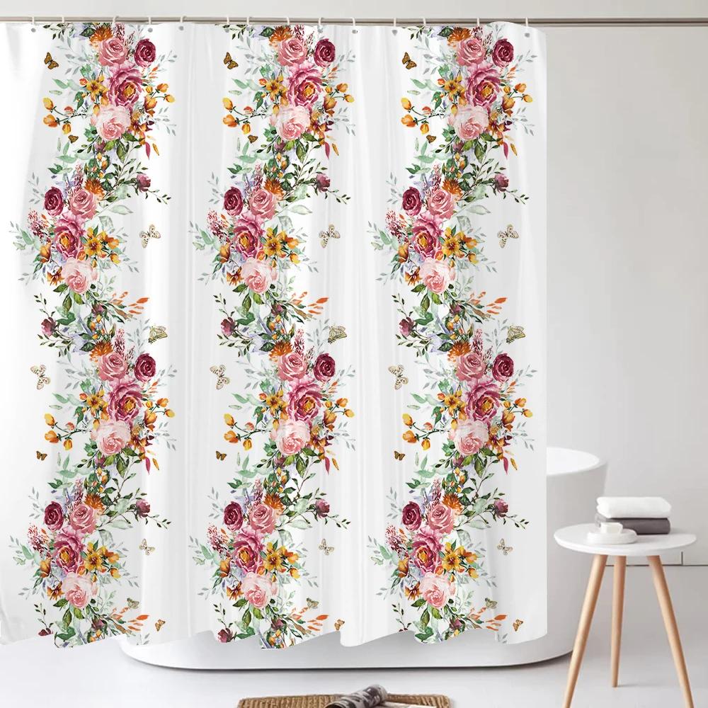 Chinese Flower Bird Shower Curtains Set Printing Waterproof Polyester Leaves Shower Curtains Bathroom Home Decor Mat 180x200CM