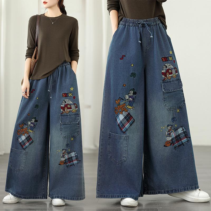 DIMANAF 2025 Plus Size Autumn Jeans New Long Pants Women Embroidery Denim Trousers Big Size Casual Loose