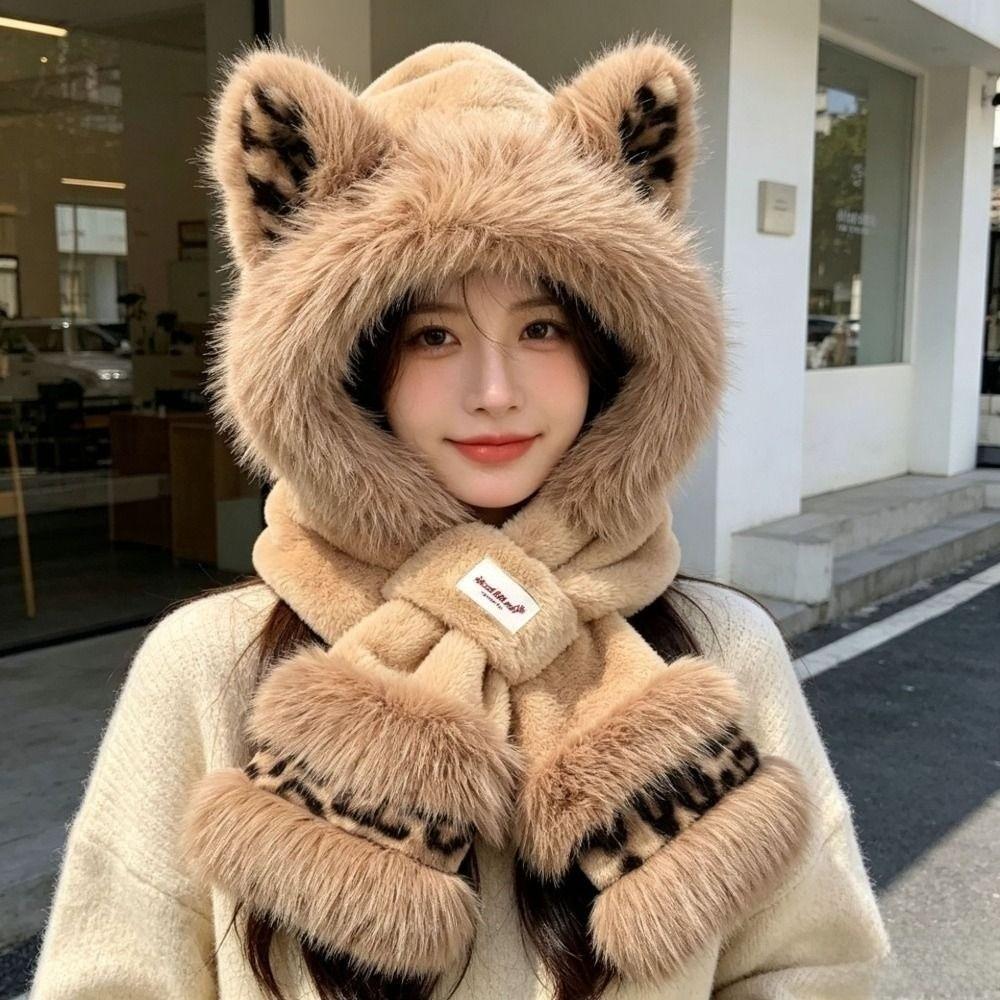 Polyester Plush Hat Scarf Set Leopard Fox Ear Hat Set Cozy Hooded Neck Warmer For Women