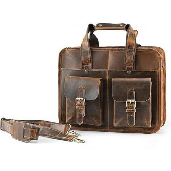 Grain Buffalo Leather 15 Inch Briefcase Messenger Laptop Computer Bags Satchel For Office, Work, Business & Travel