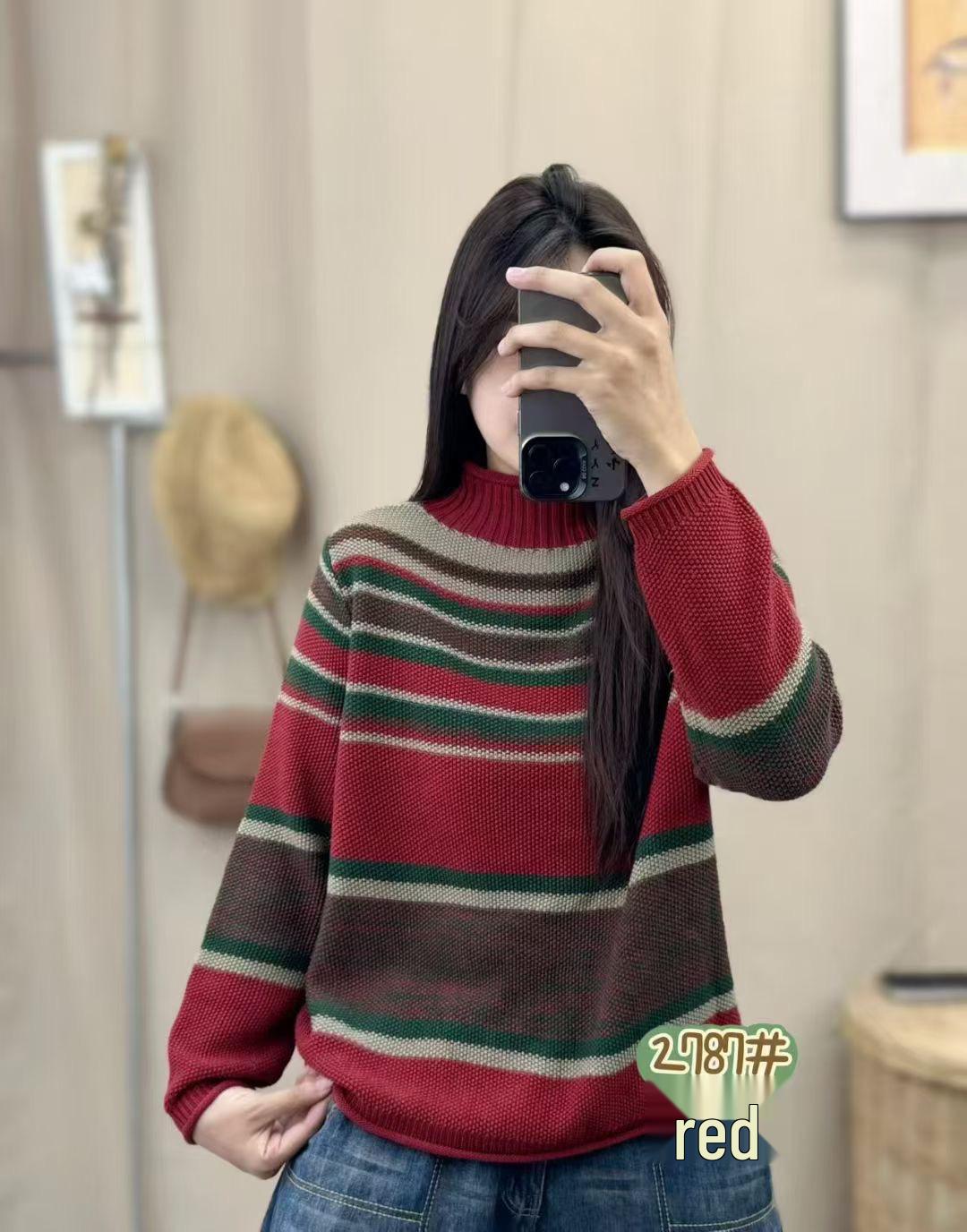 

Women s Retro Color-Block Striped Cotton Knit Sweater, Semi-High Neck, Loose Fit, Anti-Pilling Base Layer for Autumn Casualwear. One Size червоний