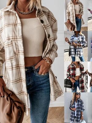 2024 Women's Multicolor Plaid Brushed Woolen Shirt Coat - European and American Fashion Style