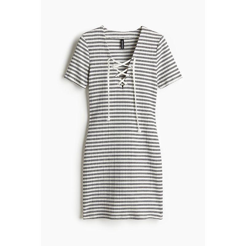 

HM Women s Clothing Dress 2025 Autumn New Sheath Skirt Tied Slim Fit V Neck T-shirt Shory Style Skirt 1261089 Cream/Stripes 165/96