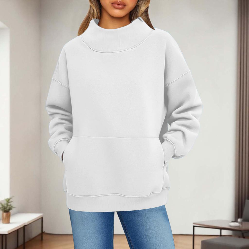 Women's Fashionable Casual Solid Color Round Neck Long Sleeved Pocket Sports Casual Pullover Sweatshirt Top
