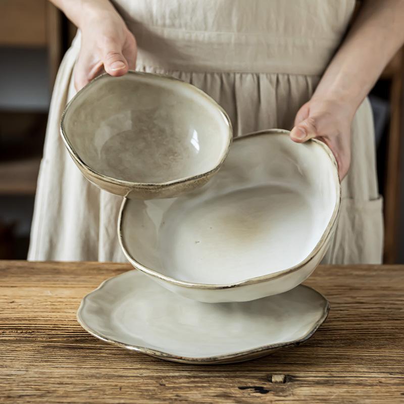 Retro Style Special-Shaped Bowls, Japanese-Style Ceramic Bowls, Kiln Variants, Tableware Plates, Household Vegetable Bowls, Salad Bowls, Vegetable Pla