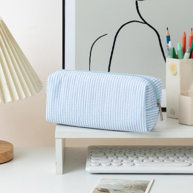 Multiunction Striped Pencil Case Water Resistant Polyester Pen Pouches Travel Cosmetics Bag For School Office Supplies