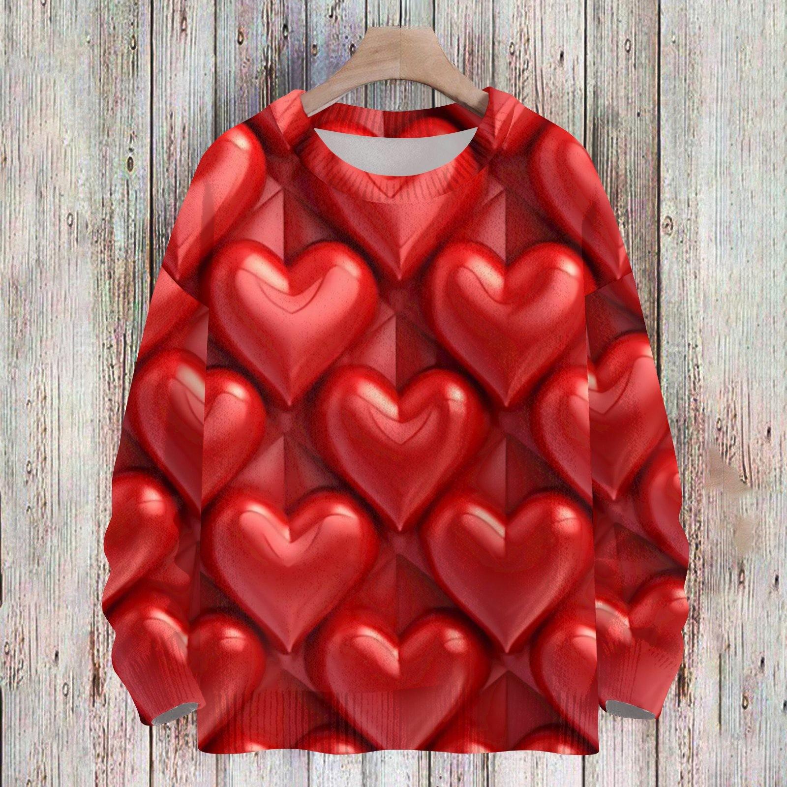 

Женская мода круглый вырез повседневный длинный рукав с принтом ко Дню святого Валентина шерстяной трикотажный топ M красный