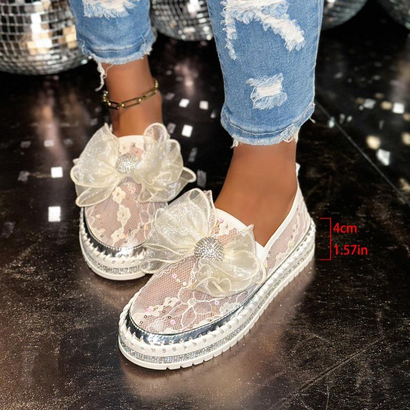 Fashion Platform Single Shoes Fashion Round Toe Deep Mouth Sequin Lace Bow Soft Slip Low Top Shoes