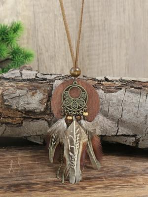 Bohemian Vintage Style Round Wood Alloy Feather Pendant Necklace for Women's Vacation Style Travel Can Match