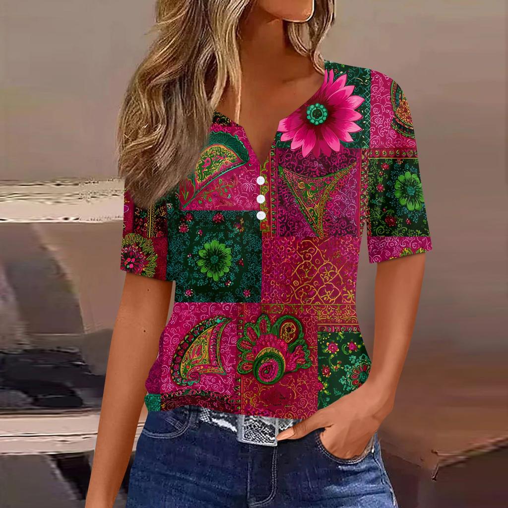 Women's Fashionable Casual Retro Print V-Neck Short Sleeve Decorative Button T-Shirt Top