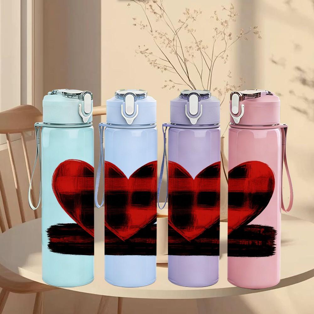 1PC Red Black Plaid Heart 750ml Color Plastic Sports Water Bottle Leakproof Flip Straw Lid Suitable for Sports Office Home Use