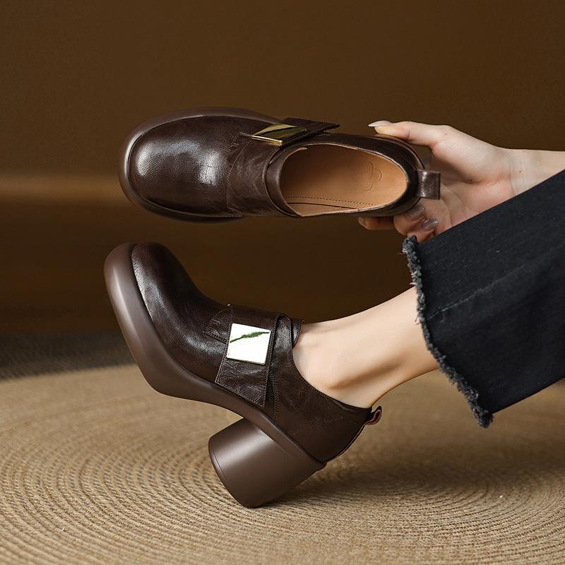 7CM Spring New Round Head Thick-soled Leather Single Shoes~ 2025 Waterproof Table Metal Buckle Deep Mouth Single Shoes High Heels