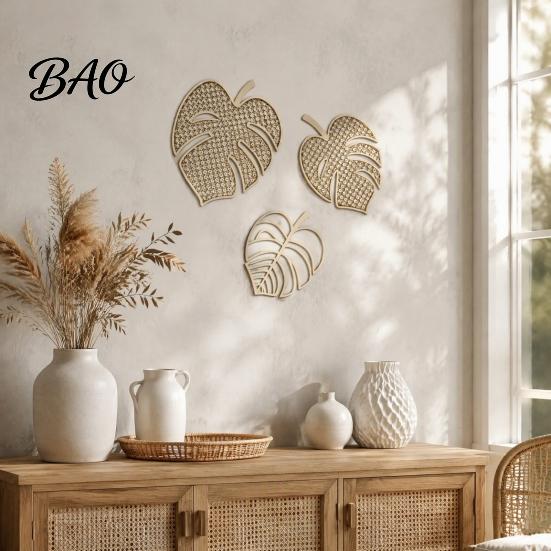 Wandkunst aus Naturholz 3-teilige Holz-Monstera-Dekorationen, Böhmisches Hängeornament, Hohl-Dekor mit tropischem Blatt für Zuhause Wohnzimmer Schlafzimmer Büro