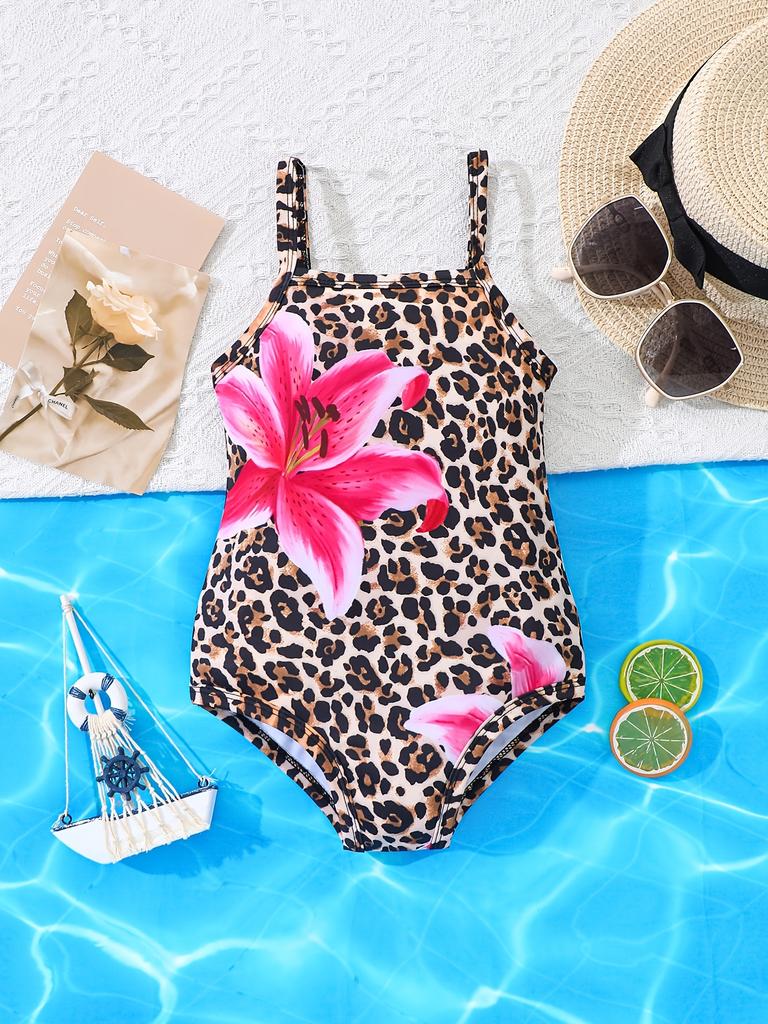 Girls One Piece Swimsuit Leopard Print Lily Flower Summer Swimwear Fashion Kids Bathing Suit Holiday Outfit