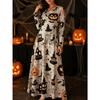 Ladies Pumpkin Skeleton Print Round Neck Long Sleeve Maxi Dress Halloween Party Dress