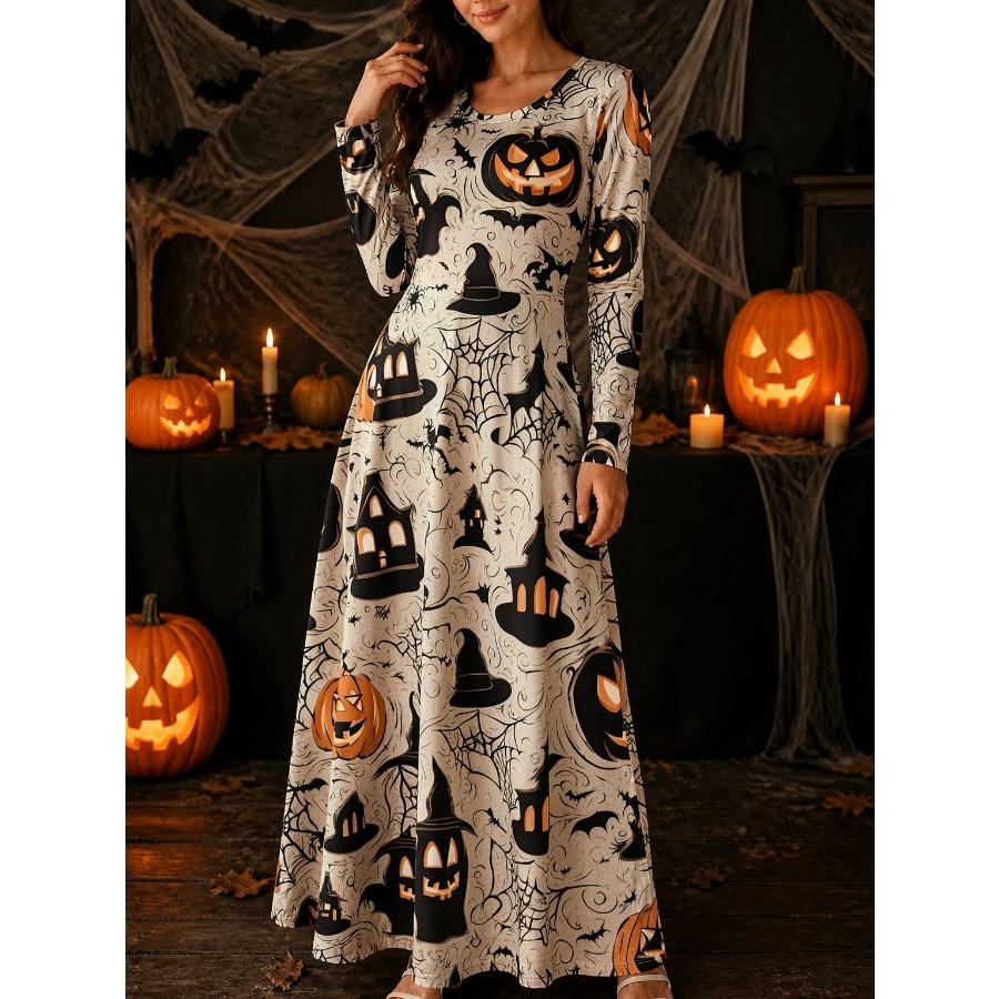 Ladies Pumpkin Skeleton Print Round Neck Long Sleeve Maxi Dress Halloween Party Dress