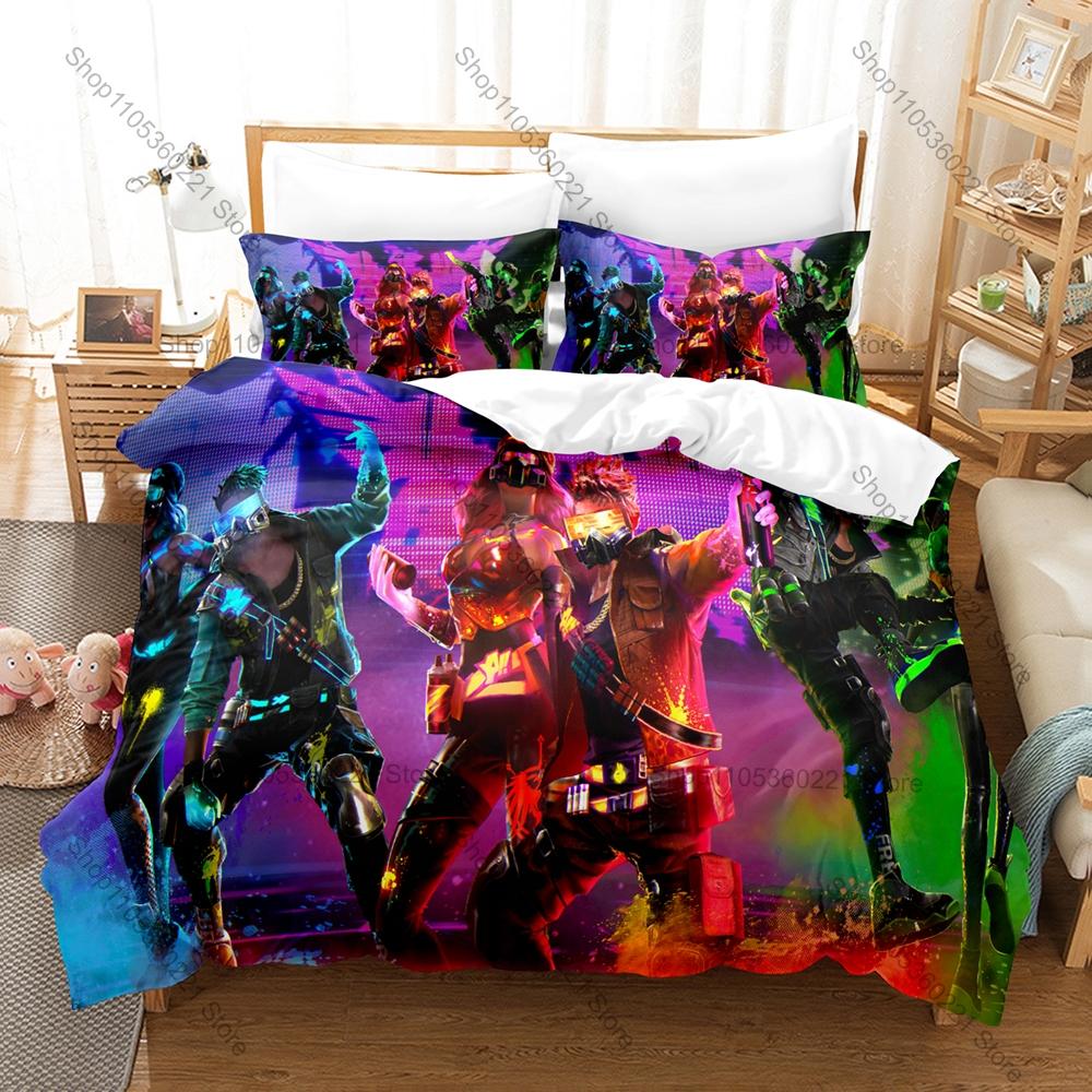 Cool Icon FF Warrior Character Graphic Free Fire Gaming Bedroom Decor Bedding Duvet Cover + 2 Pillowcases Mobile Game Fan Room D