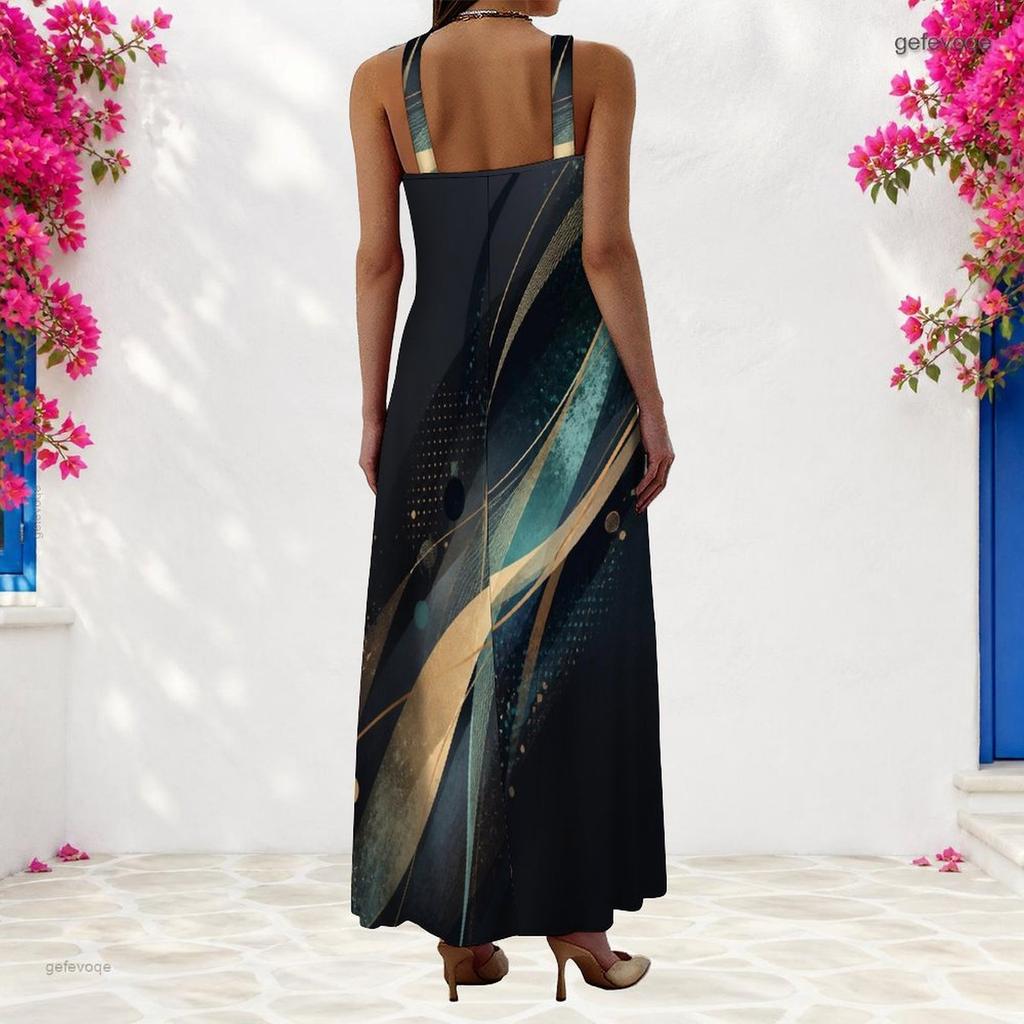 Women Plus Size Scoop Neck Strappy Sleeveless Galaxy Printed A Line Maxi Dress