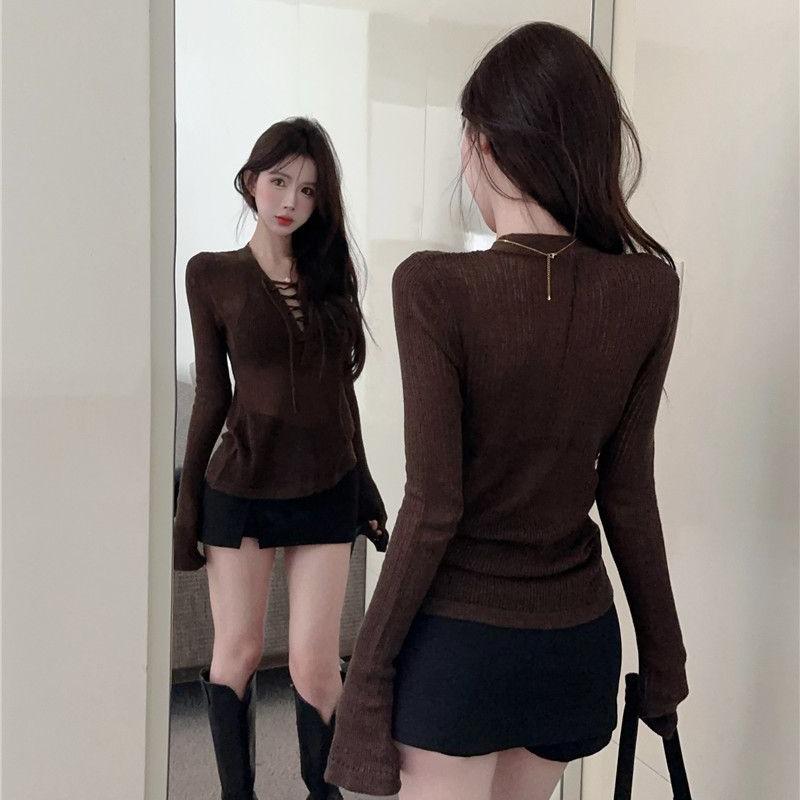 Spicy Girl Top Autumn Women's Wear Caution Machine Sexy V-neck Strap Bottom Long Sleeve Slim Fit Look Knitted Sweater