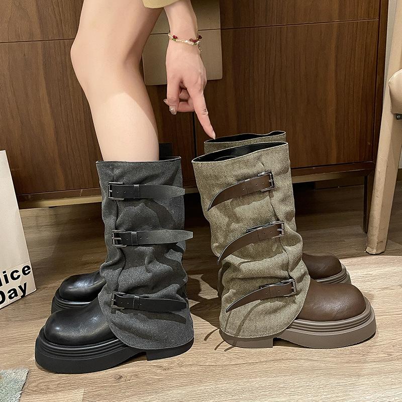 Vintage Western Cowboy Boots Women's Autumn and Winter Boots 2025 New French Heel Medium Boots Belt Buckle Martin Boots