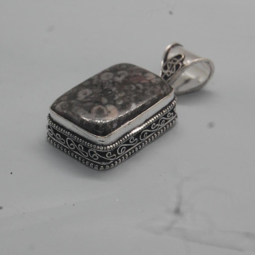 Cushion Cab Crinoid Marble Fossil 925 Sterling Silver Pendant Jewelry, Boho Style Designer Pendant
