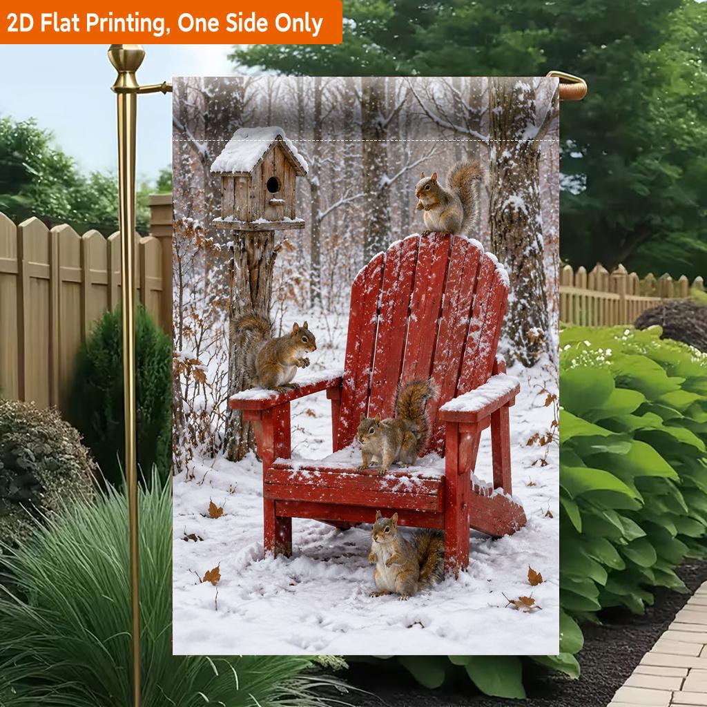2D Flat - 2D Flat Printing Garden Flag 1pc, Several Squirrels on Snowy Chair Durable Single-Sided Print Yard Flag, Garden And Home Holiday Decoration,