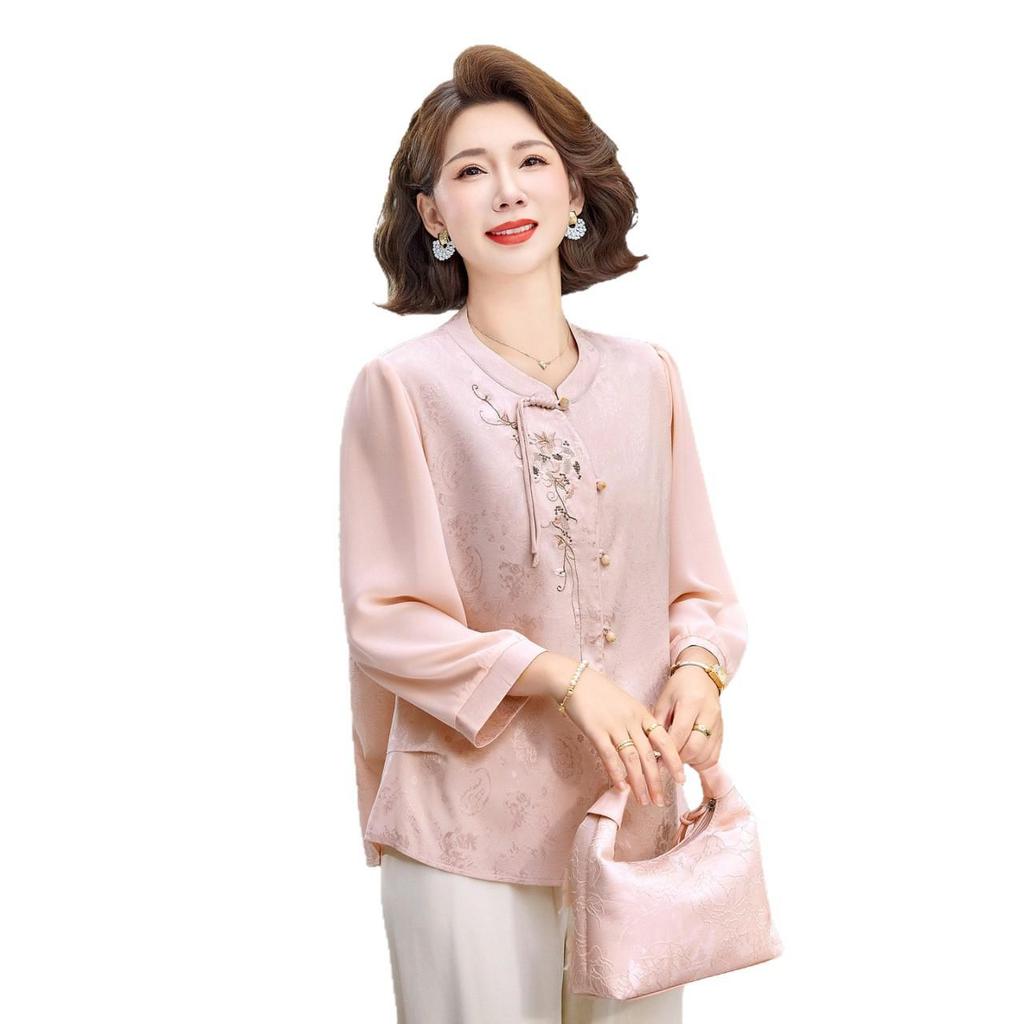Stylish Spring & Autumn Seven-Sleeve Embroidered Top for Middle-Aged and Elderly Women - New Chinese National Style Shirt